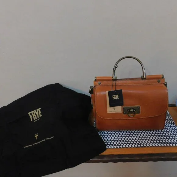 NWT Frye Farrah cognac leather satchel metal top handle tote bag crossbody purse - Picture 7 of 16